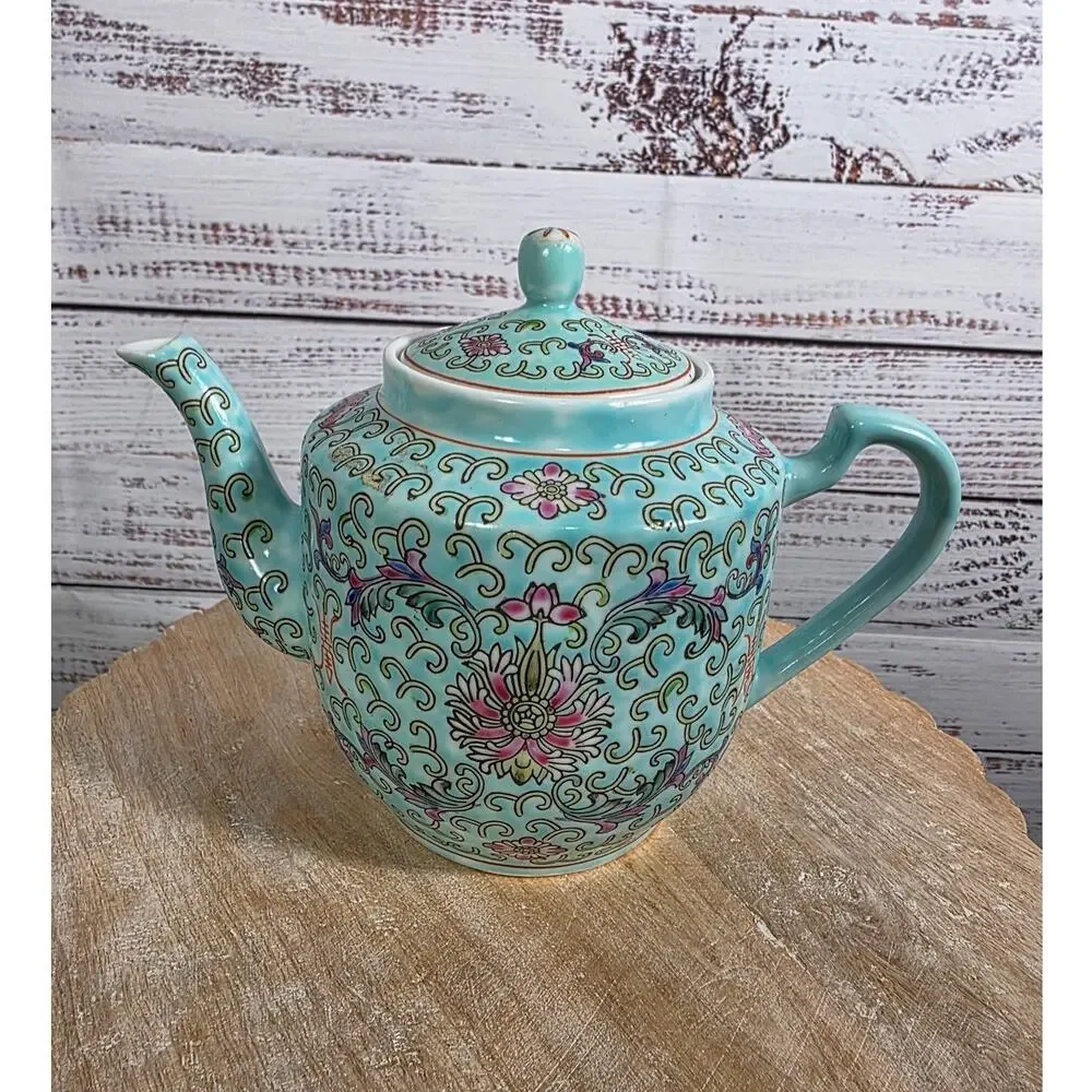 Blue Chinese Teapot-Curly Grass Pattern Teapot Made in China 1970
